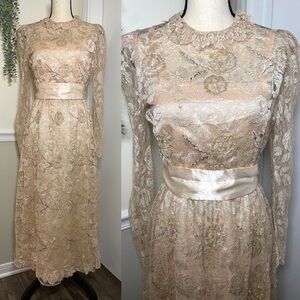 Vintage Rina Di Montella Nude Lace + Sequin Midi Dress Size 6
